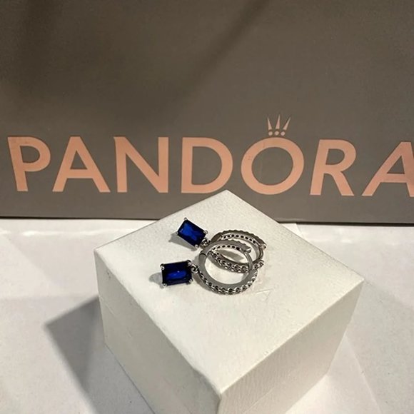 Pandora Blue Rectangular Sparkling Hoop Earrings NEW & AUTHENTIC - Picture 3 of 6